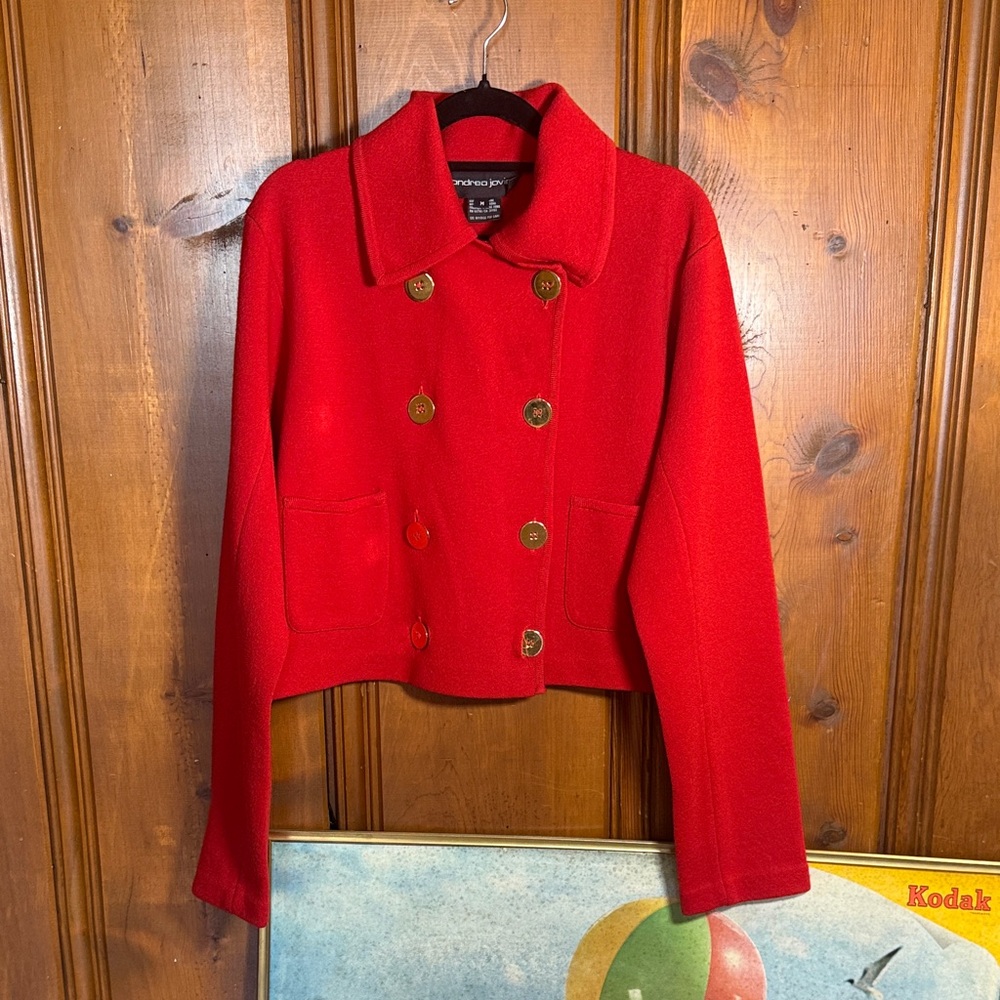 Vintage Wool Red Cropped Pea Coat with Gold Buttons